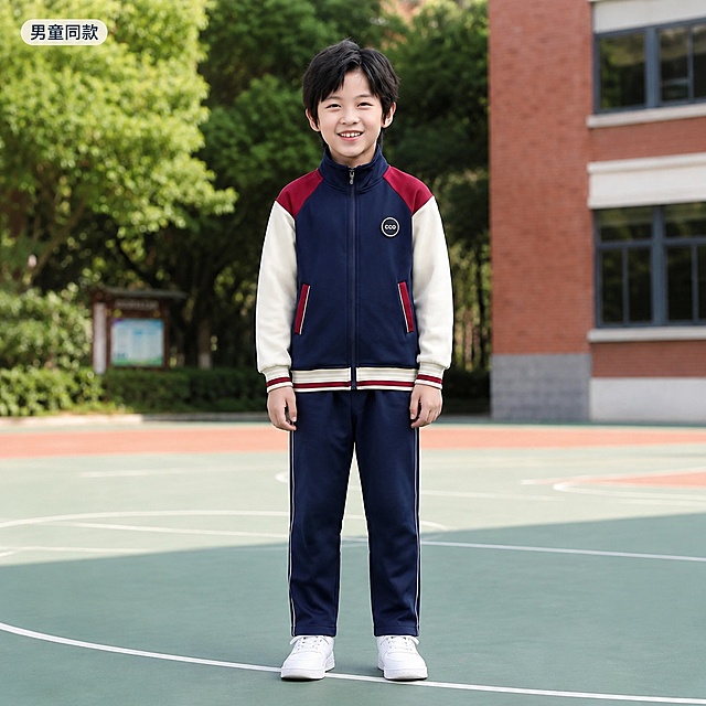 [主图] 男童正面全身展示小学生秋季校服套装，姿势调整为自然站姿。
氛围风格：青春活力校园风，自然真实。画质：商业摄影，高清清晰。元素：亚洲男童小学生，全身站立在校园操场，穿着这套藏青拼接米白色立领拉链秋季校服，保持校服颜色、拼接、材质和原产品图完全一致。男童面带微笑，双手自然垂在身体两侧，站姿端正，姿势自然不僵硬。背景是绿色操场和红砖教学楼绿树，风格统一，主体占比约70%。光影：白天均匀自然光，清晰呈现服装。配色：藏青为主，酒红米白点缀，清新自然。视角构图：正面平视，全身完整，景深适中。文字：顶部小字男童同款，不遮挡主体。要求：1:1，2048x2048，高清。负向：变形，颜色错，遮挡，水印。