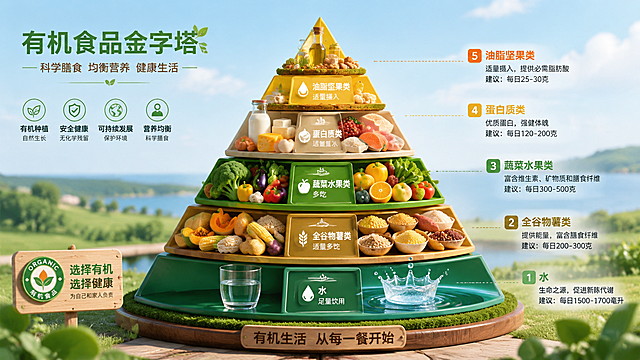 有机食品金字塔，立体图