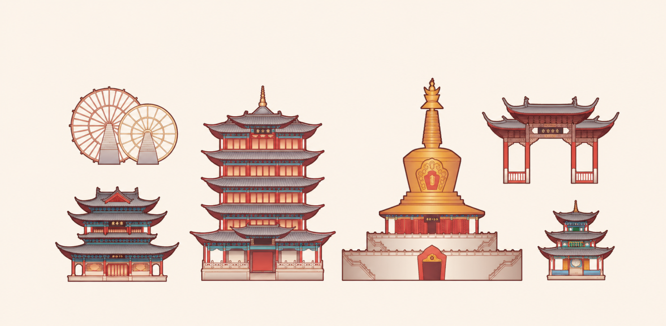 参考当前图片的国潮插画风格，重新生成云南丽江地标建筑插画，保持原画面构图和建筑布局，移除图片上的所有水印和多余文字标注预览效果
