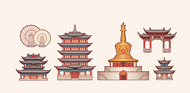参考当前图片的国潮插画风格，重新生成云南丽江地标建筑插画，保持原画面构图和建筑布局，移除图片上的所有水印和多余文字标注