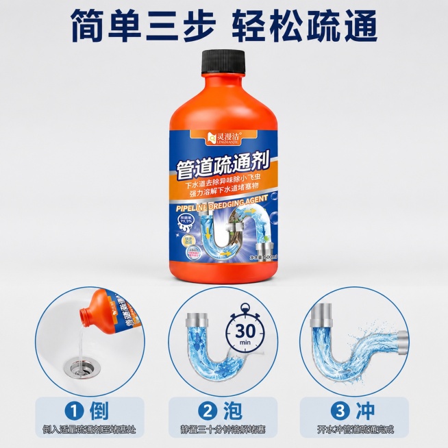 [主图-5] 使用步骤演示图，展示管道疏通剂简单操作流程。
[氛围风格] 简洁清晰，流程直观，易用风格
[画质] 商业摄影质感，步骤清晰，画面干净明了
[元素] 保持灵漫洁管道疏通剂产品外观、物理结构预览效果