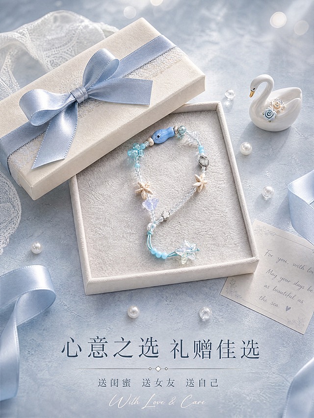 [商品] 使用【图4】海洋之心串珠手链礼盒图；保留手链、米白色礼盒、淡蓝色丝带、手写贺卡的全部结构和颜色；增强礼盒质感和绒布纹理。
[画面] 页面目标：礼赠场景，强化送礼心意价值。构图：俯视角度，打开的礼盒放在画面中央，手链置于绒布内衬上，礼盒盖半开靠在旁边；礼盒周围散落手写贺卡、小珍珠、淡蓝色缎带、迷你陶瓷天鹅摆件；背景是浅灰蓝色带细腻肌理，整体营造浪漫礼赠氛围。
[视觉] 套系策略：风格=治愈芭蕾风精致商业摄影；标题字=纤细优雅宋体衬线体；正文字=简洁细黑体；主色=浅灰蓝色；背景延展=基于浅灰蓝做深浅渐变、细腻肌理和柔化光斑层次；强调色=奶油珍珠白，仅用于小面积装饰点、引线和标签；标题色=深灰蓝色；正文色=中灰蓝色；组件=细菱形分隔线、珍珠装饰点、柔边半透明底；光影=柔和顶光，礼盒质感高级，氛围温暖。
[文字] 画面底部居中放主标题「心意之选 礼赠佳选」，深灰蓝色大字号；主标题下方一行「送闺蜜 送女友 送自己」，中灰蓝色中号字；再下方一行英文手写体「With Love & Care」，奶油白色；文字放在底部负空间。
[规格] 图片比例3:4竖版，4K，避免变形、错字、文字过小、廉价塑料感、杂乱背景、绝对化用语。