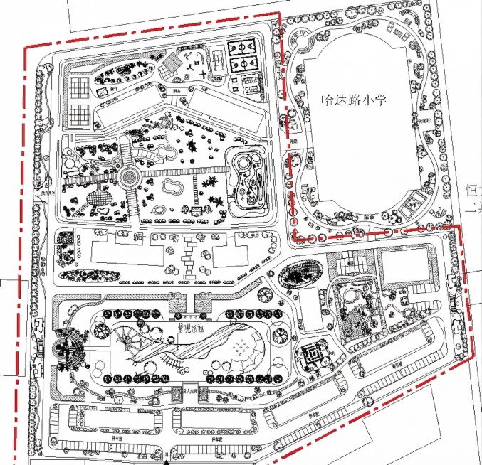 在原有小区平面图基础上进行丰富，完善红短线框选区域的设计，为呼和浩特恒大华府一期改造生成完整的小区平面图，补充完整清晰的功能分区和绿化景观，保留原有的景观水池、运动场地和建筑布局，保持黑白线稿风格，线预览效果