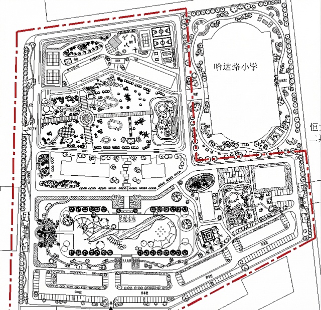 在原有小区平面图基础上进行丰富，完善红短线框选区域的设计，为呼和浩特恒大华府一期改造生成完整的小区平面图，补充完整清晰的功能分区和绿化景观，保留原有的景观水池、运动场地和建筑布局，保持黑白线稿风格，线条清晰，分区明确