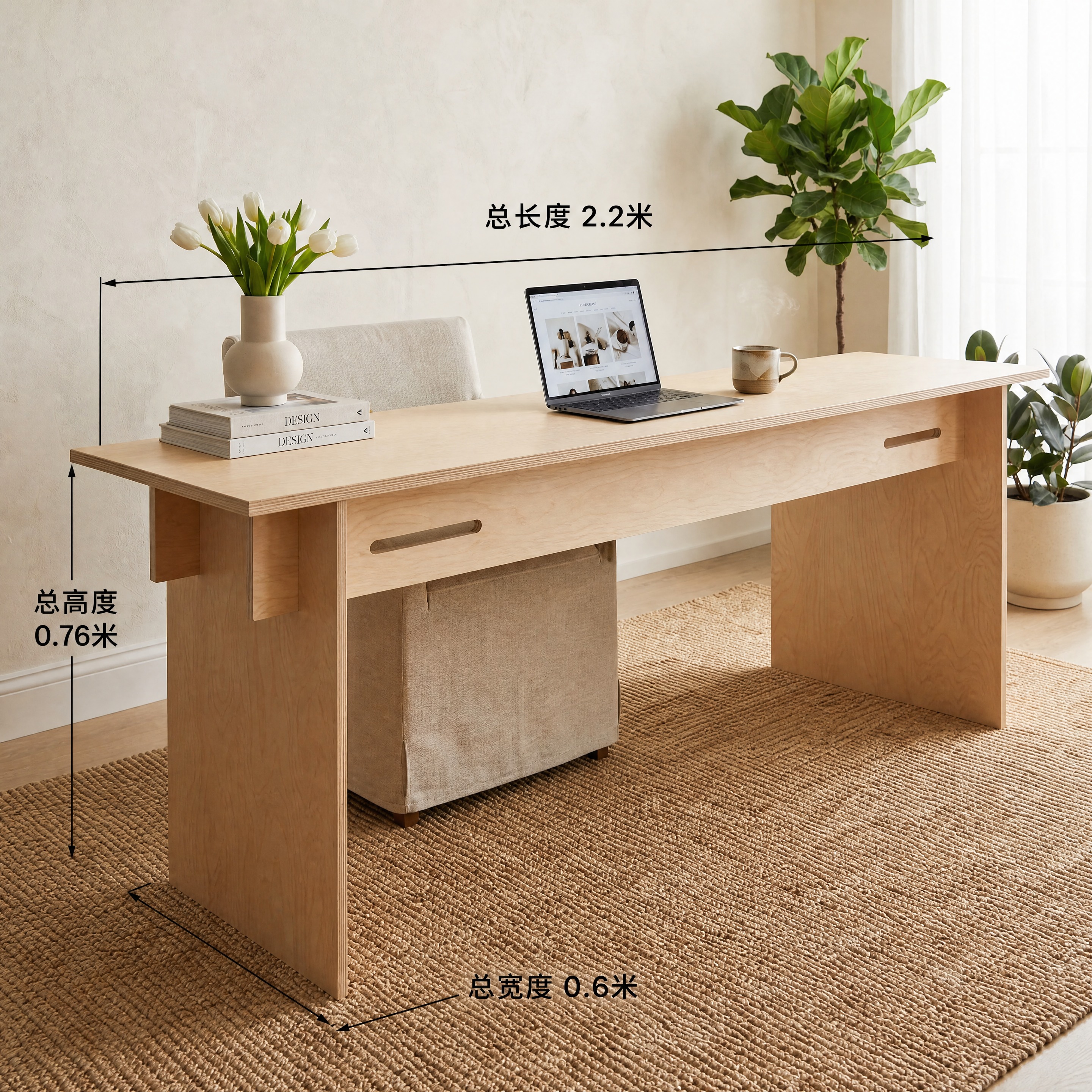 基于上传的书桌场景图，调整书桌长度为2.2米（总宽度0.6米，… - 图片创意预览
