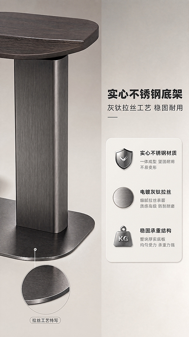 [商品] 使用【图1】DJ-6609角几；保留C型单边支撑结构、深色木纹台面、实心不锈钢底架、整体轮廓比例和材质特征，不改变产品结构和颜色；重点展示底架和支撑柱部分。
[画面] 目标：底架结构工艺展示，证明实心不锈钢稳固耐用。构图：左侧底架拉丝工艺特写，右侧文案说明，左右分栏。景别：中近景特写结合。背景：浅灰色渐变背景。氛围：硬朗工业质感，突出金属工艺。
[视觉] 套系策略：风格=高级轻奢商业摄影风；标题字=现代简约粗黑体；正文字=纤细无衬线体；主色=暖米白+浅灰；背景延展=基于暖米白做深浅层级、同色渐变和细腻哑光质感；强调色=灰钛金属色，仅用于小面积图标、引线和标签；标题色=深炭灰；正文色=中暖灰；组件=细线引线、圆角浅底信息卡、金属质感图标；光影=侧光突出金属拉丝纹理，明亮通透，金属有细腻反光。
[文字] 右侧文案区：主标题「实心不锈钢底架」，副标题「灰钛拉丝工艺 稳固耐用」，3个卖点：实心不锈钢材质、电镀灰钛拉丝、稳固承重结构，文字横向排版，手机端清晰可读。
[规格] 图片比例9:16竖版，4K分辨率，medium质量，避免变形、错字、文字过小、冷蓝背景、产品结构改变、材质失真。