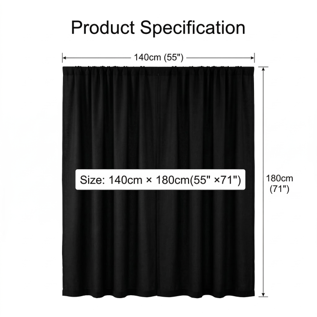Dimensions specification for pure black curtains, clean white background with the unhung curtain fla预览效果