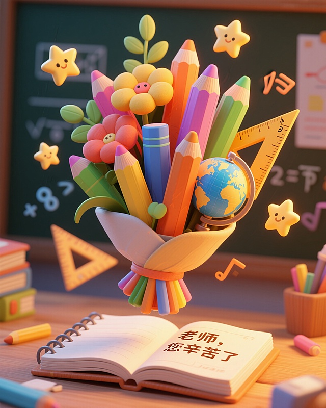 这是一张以 “感谢师恩” 为主题的海报。3D轻拟物风设计，画面主体是由书籍、彩色铅笔和花朵组成的花束，书籍与文具是知识传递的载体，象征着老师传授的知识；花朵则代表着学生对老师的敬爱与感恩之情。花束周围点缀着星星和散落的书本元素，营造出温馨、充满书香的氛围。