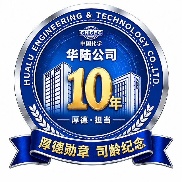 基于参考图的勋章设计，将司龄数字改为"10"，文化主题改为"厚德·担当"，缎带文字改为"厚德勋章 司龄纪念"。文化主题样式与参考图完全一致：白色字体，左右两侧有短横线装饰。其他版式保持不变：顶部中国化学CNCEC logo，科技蓝主色调，金色数字，银色金属边框，缎带元素，华陆公司两栋大楼剪影为核心背景，"年"字在数字右下方。外圈环绕英文HUALU ENGINEERING & TECHNOLOGY CO.,LTD. 精致金属质感勋章，白底背景，高清细节