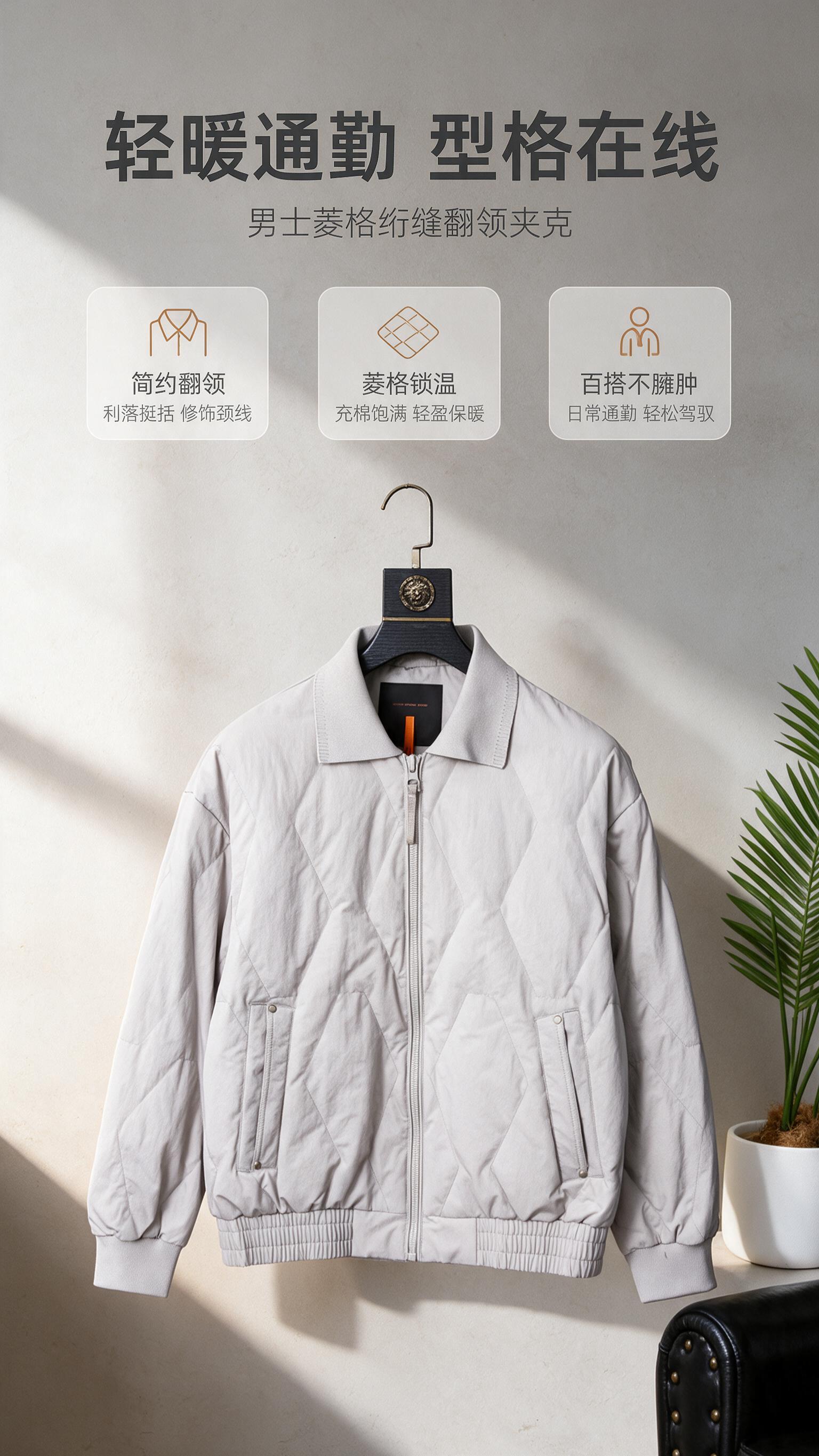 [商品] 使用【图1】男士浅灰色翻领菱格绗缝夹克棉服；商品处理… - 图片创意预览