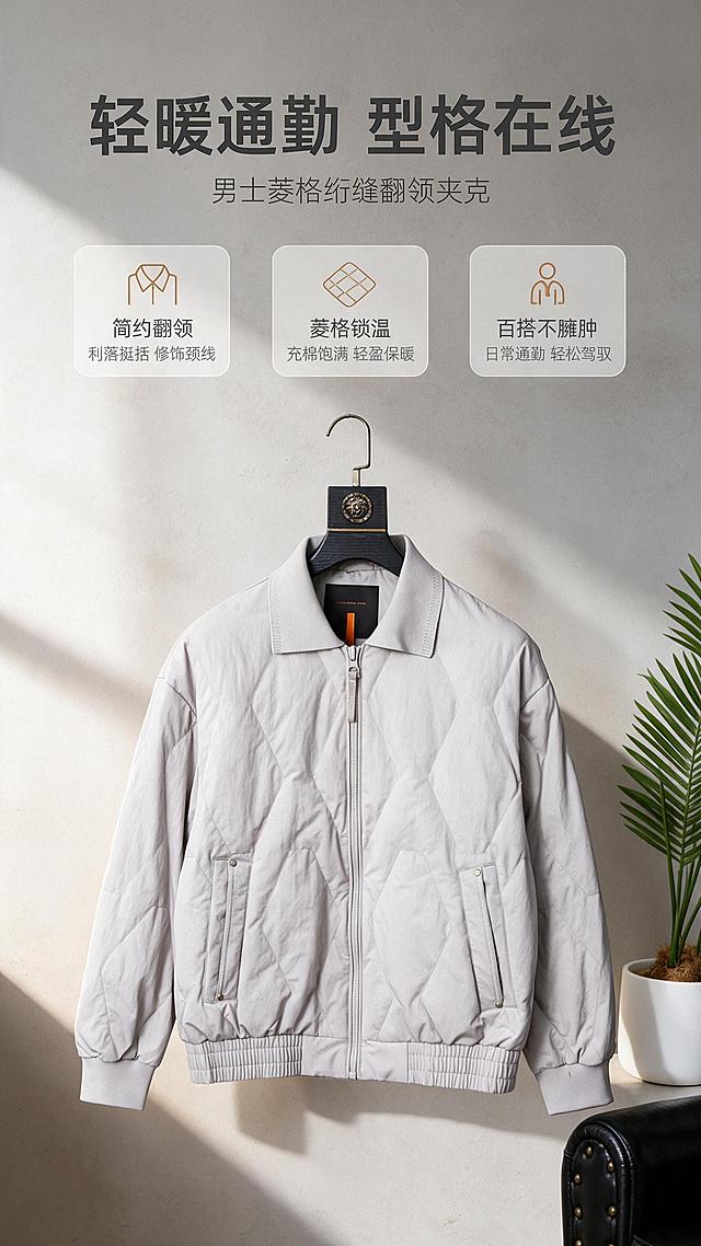 [商品] 使用【图1】男士浅灰色翻领菱格绗缝夹克棉服；商品处理：保留翻领、拉链门襟、菱格绗缝纹路、侧边口袋、松紧下摆袖口、浅灰色调与整体版型；自然去除衣身杂乱褶皱，理顺垂坠，增强面料纹理、缝线、拉链和五金质感，提升衣型挺括度，不改变版型和结构。
[画面] 目标：首屏形象海报，突出产品高级质感与整体版型。构图：产品居中偏下，占画面约55%，正面展示；上方留白放标题文案；背景为极简都市风浅灰渐变墙面，左侧有柔和自然光，右下角点缀简约绿植与皮质沙发局部，营造轻奢居家/都市氛围；前中后景层次分明，产品下方有柔和投影。
[视觉] 套系策略：风格=高级简约都市通勤商业摄影；标题字=现代无衬线粗体（思源黑体Heavy）；正文字=简洁无衬线体（思源黑体Regular）；主色=浅灰米杏；背景延展=基于浅灰米杏做深浅层级、同色渐变和细腻墙面/织物质感；强调色=暖驼棕，仅用于小面积图标、引线和标签；标题色=深炭灰；正文色=中暖灰；组件=圆角浅底信息卡、细线引线、极简图标；光影=左前侧暖柔光，柔和明暗过渡。
[文字] 上方居中主标题「轻暖通勤 型格在线」，副标题「男士菱格绗缝翻领夹克」，下方3个短卖点标签：「简约翻领」「菱格锁温」「百搭不臃肿」；文字不遮挡服装主体、拉链和口袋；所有文字横排，字号保证手机端清晰可读。
[规格] 图片比例9:16竖版，2K分辨率，避免变形、错字、文字过小、冷蓝/蓝灰背景、衣服颜色改变、版型失真、白底孤立、极限词。