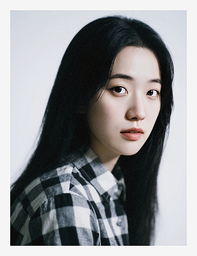 一个美女，白色背景，加强明暗对比，强曝光低饱和