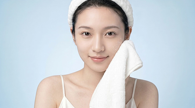 Close up. The beautiful woman looks directly at the camera with a gentle, calm smile. She is gently patting her cheek with a soft fluffy white towel. Natural subtle movement, blinking naturally, glowing and extremely clean skin.