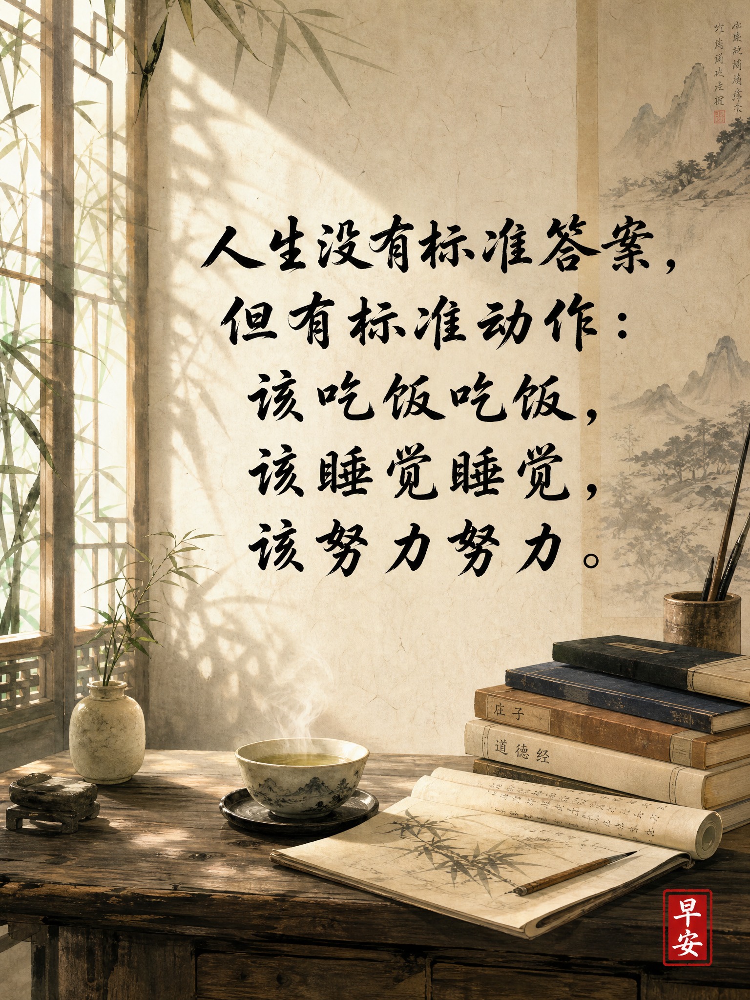 国风意境早安日签图，竖版3:4构图，水墨东方美学风格。画面中央… - 图片创意预览