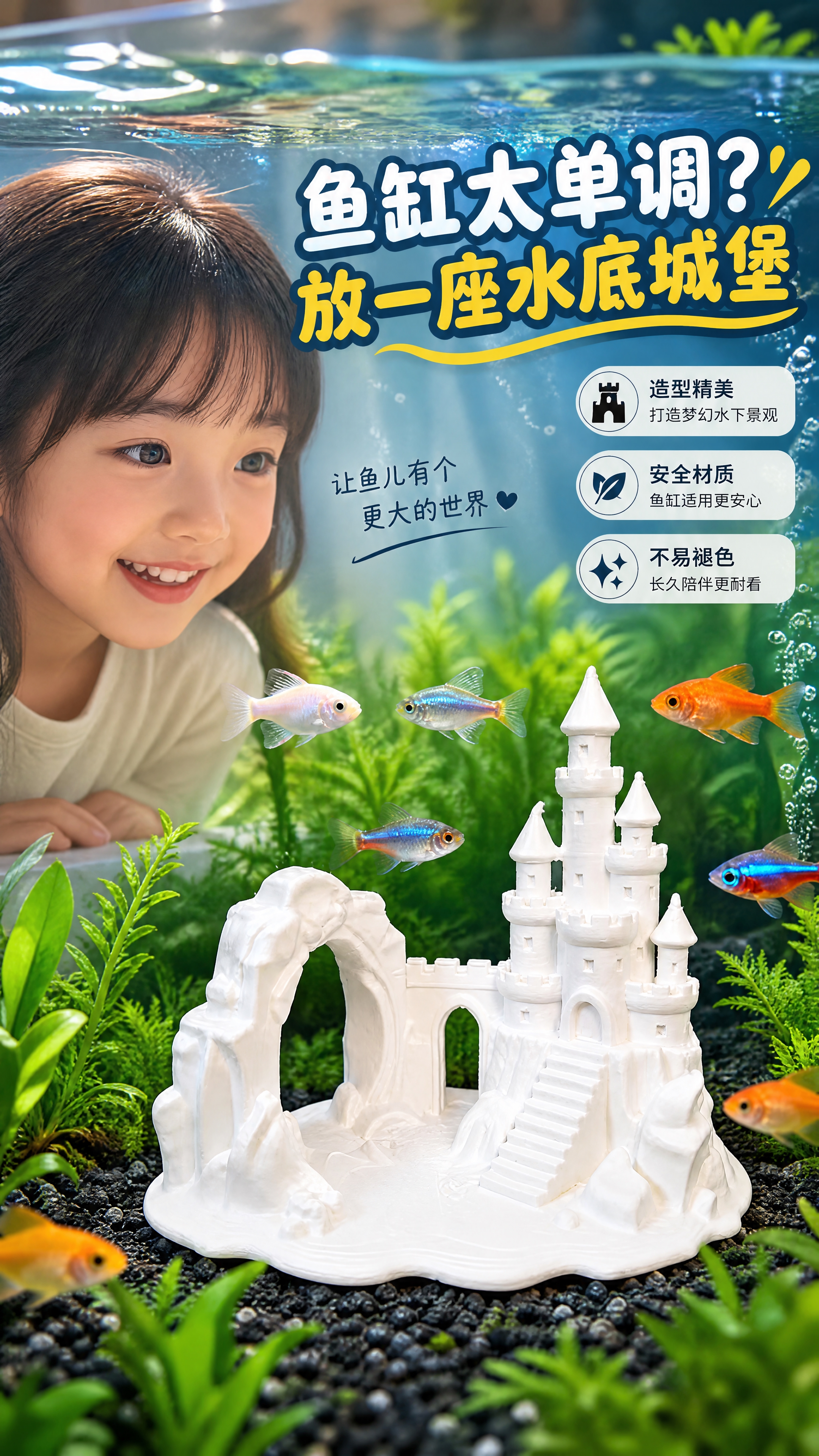 [商品] 使用【图1】白色城堡鱼缸躲避屋为产品本体，参考【图2… - 图片创意预览