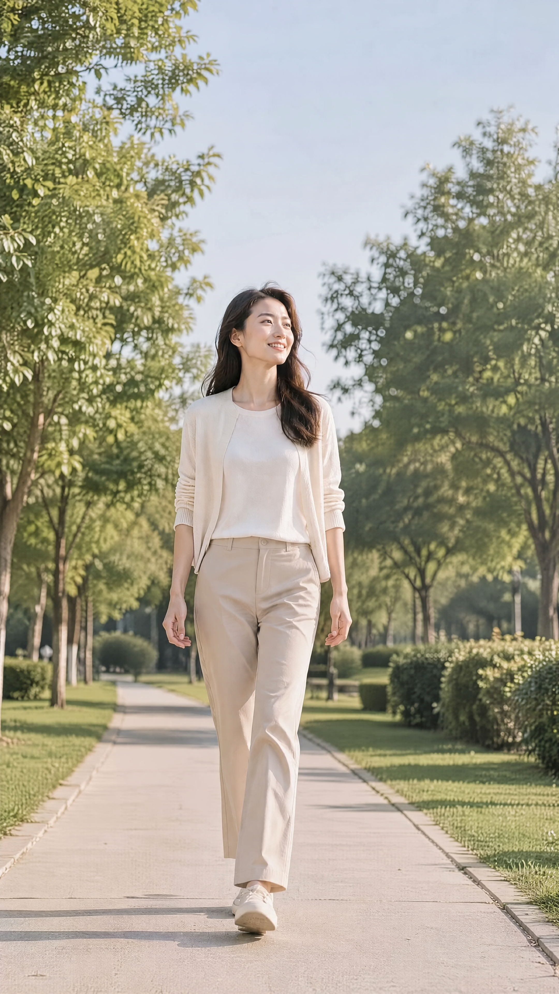 保持图中女士的容貌、发型、身材、服装款式和颜色、走路姿态、整体… - 图片创意预览