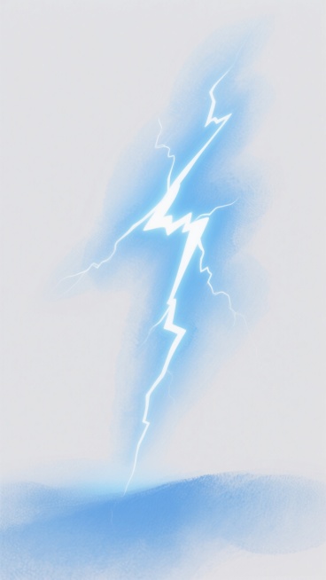 一张以纯净白色为背景的数字艺术插画，画面中央是一道动态的蓝色闪电，闪电的线条呈现出自然的曲折分叉形态，边缘带有柔和的白色高光。闪电周围环绕着由浅至深渐变的淡蓝色光晕，光晕边缘模糊柔和，呈现出半透明的水彩晕染质感，底部光晕颜色稍深并带有细微的蓝色渐变层次，整体营造出一种神秘而充满能量的氛围，画面简洁而富有动感，光影过渡自然平滑。预览效果