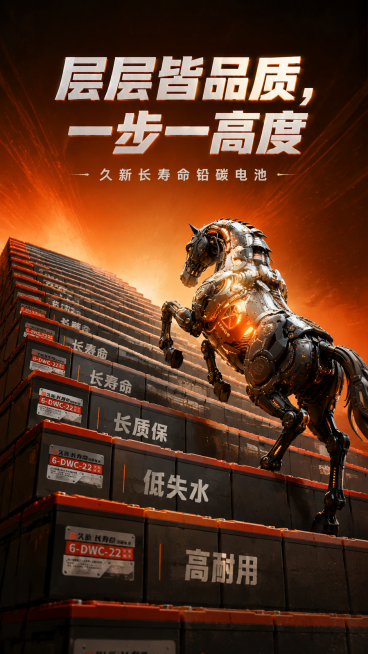 一张极具视觉冲击力的商业海报，呈现出「工业纪念碑」般的史诗感。画面核心是由宽阔阶梯，每一级阶梯均由数十块"久新长寿命铅碳电池"（橙顶灰身的铅碳电池，参考图1、图2特点）侧向并排垒成，阶梯的侧面展示电池预览效果