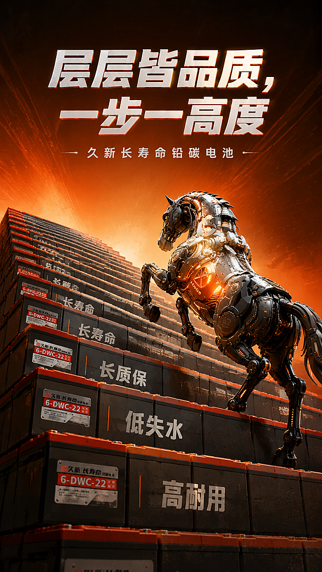 一张极具视觉冲击力的商业海报，呈现出「工业纪念碑」般的史诗感。画面核心是由宽阔阶梯，每一级阶梯均由数十块"久新长寿命铅碳电池"（橙顶灰身的铅碳电池，参考图1、图2特点）侧向并排垒成，阶梯的侧面展示电池塑壳的正面，阶梯的正面展示电池塑壳的侧面，灰色的一面印上文字（长寿命、长质保、低失水、高耐用）。参考图3中的铅锂机械马，正从底下沿着阶梯向上攀登，前蹄抬起，脖颈昂扬，呈现出即将登顶、征服巅峰的瞬间姿态。低角度仰拍，超广角镜头，强化阶梯的纵深感与马的崇高感。光影采用戏剧化的侧顶光与硬朗的明暗对比，影子锋利拉长。背景极简深邃——橙色渐变，隐约有能量放射线和粉尘细闪，突出主体。海报上方中央大字标语："层层皆品质，一步一高度"；小字："久新长寿命铅碳电池"。整体版式严谨、现代，带包豪斯与科幻写实主义混合气质
