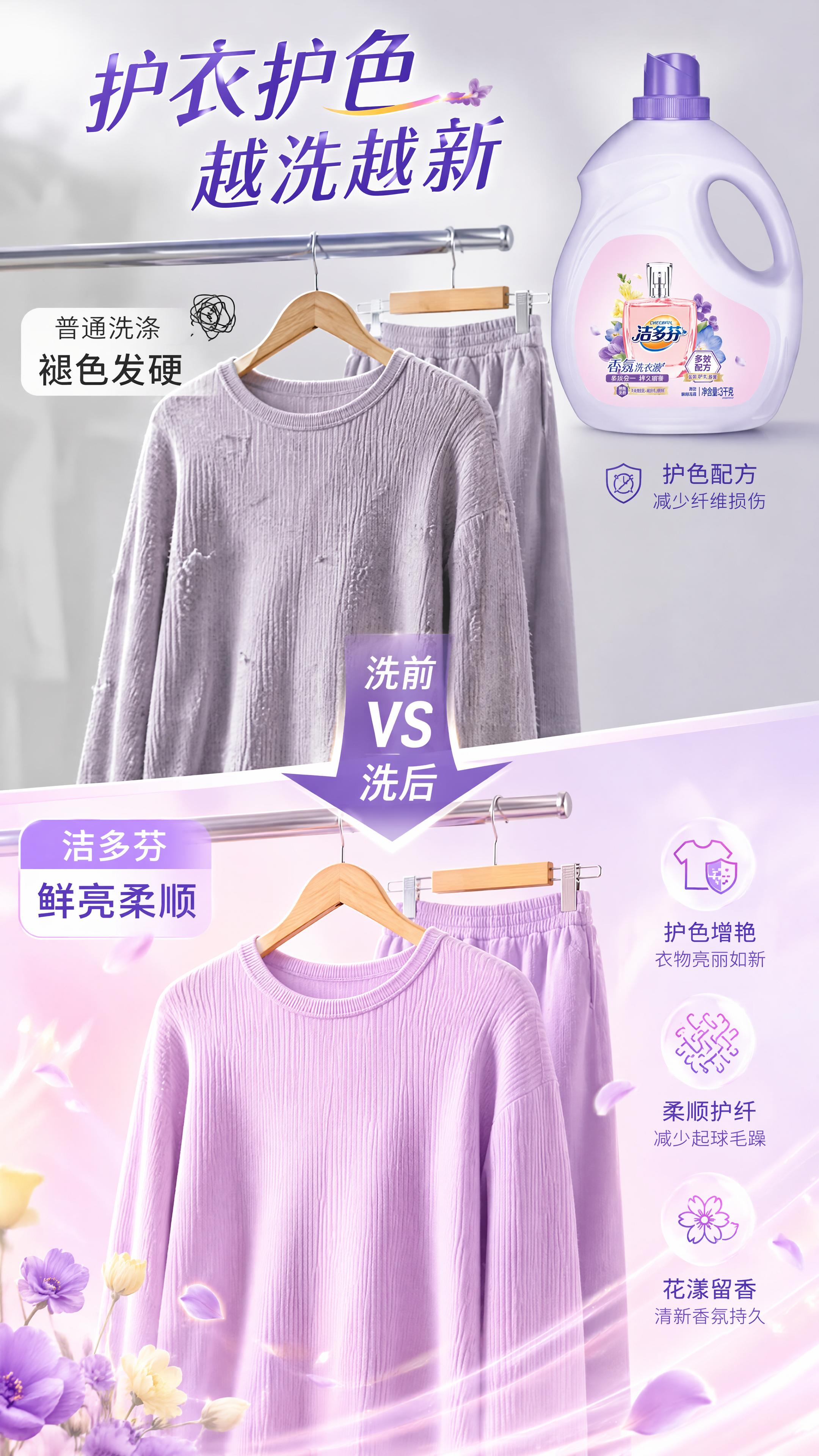 [第4屏] 详情页效果对比-洁多芬香薰洗衣液护衣护色前后对比。… - 图片创意预览