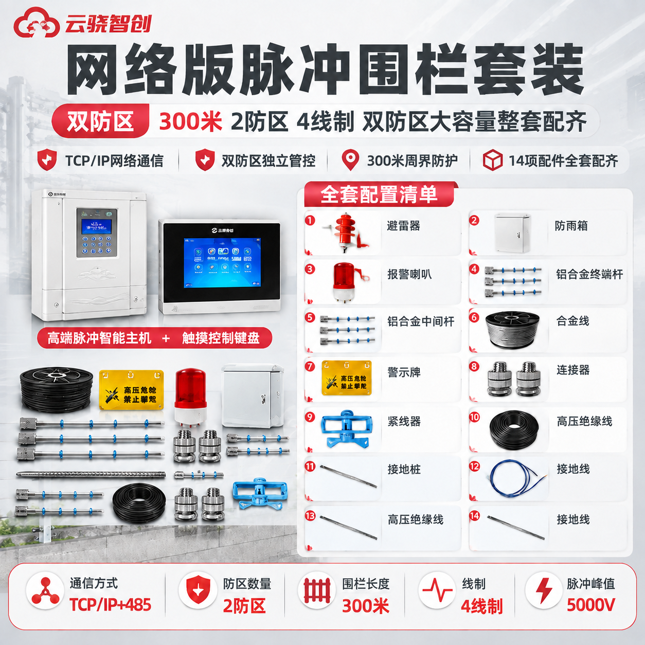 将这张网络版300米2防区脉冲围栏套装主图的产品展示区（左侧双… - 图片创意预览