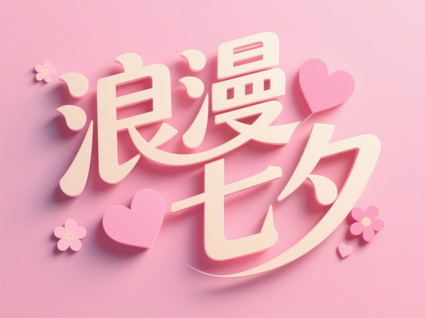 交错排列浅色文字"浪漫七夕"，线条流畅，纸雕艺术字。创意字体设计点缀粉色爱心元素、粉色花朵元素，童趣活泼。粉色背景，浪漫七夕氛围。预览效果
