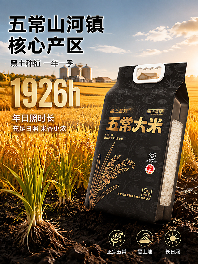 [主图-2] 五常大米产地溯源图，黑土地稻田+东北粮仓场景。
[氛围风格] 壮阔自然产地感+黑金品质感，五常黑土地金秋丰收场景，突出正宗产地信任背书。
[画质] 商业摄影质感、光线通透、产品清晰真实、稻田黑土地场景真实有质感。
[元素] 黑土星球五常大米黑色真空包装袋位于画面右前方，包装袋45°角斜放展示，占画面约45%。包装袋下方是真实的东北黑土地土壤特写，黑土肥沃油亮，几株带根的稻秧扎根在黑土中。背景是大片金色稻田延伸至远方，远处有粮仓和农舍剪影，蓝天白云，秋日暖阳高照。画面左侧有竖排超大数字"1926h"，下方标注"年日照时长"。保持大米包装袋外观（即物理结构、材质质感、颜色、图案、文字布局）与输入产品图完全一致，杜绝任何变形和色差，精细化处理；产品光影随户外自然光调整以融入黑土地稻田场景，禁止产品边缘硬切、悬浮感。
[光影] 秋日午后暖阳侧逆光，从画面右后方照射，稻穗边缘有金色轮廓光，黑土有湿润反光，包装袋受光均匀；整体暖金色调，光线柔和自然，天空有层次，稻田明暗相间有纵深感。
[配色] 主色金秋黄（稻田）+高级黑（包装袋+黑土）；辅色天空蓝、深绿（稻叶）、暖金色（数字、标题、图标）、米白色（说明文字）。
[视角构图] 平视略仰视，包装袋在右前方黑土地上，稻田向远方延伸有纵深感，背景壮阔，画面满屏无边框。
[文字版式] 左侧中上部主标题"五常山河镇 核心产区"用粗黑体，白色带轻微黑边，最大号；下方"黑土种植 一年一季"用细宋体，米白色，约一半高度；超大数字"1926h"用暖金色粗体，占据左侧视觉重心，数字下方有"充足日照 米香更浓"小字说明。右下角有三个小图标横排：稻穗+"正宗五常"、黑土+"黑土地"、太阳+"长日照"，图标金色配白色小字。
[输出要求] 3:4比例，文字清晰锐利，画面超高清商业摄影质感。
[负向提示词] 变形，文字错乱，产品图模糊，背景杂乱，水印，电商平台Logo，人物面部扭曲。