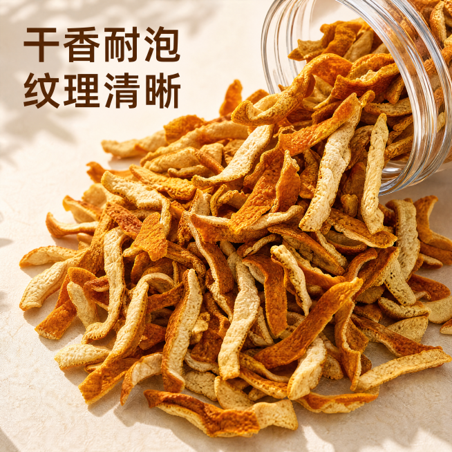 [主图-3] 陈皮丝细节纹理特写。[氛围风格] 现代简约，细节突出。[画质] 商业摄影质感，微距清晰，光线通透，画面干净高级。[元素] 特写倒出的陈皮丝干条，整齐铺开，展示清晰的干皮纹理和自然橘色外皮预览效果