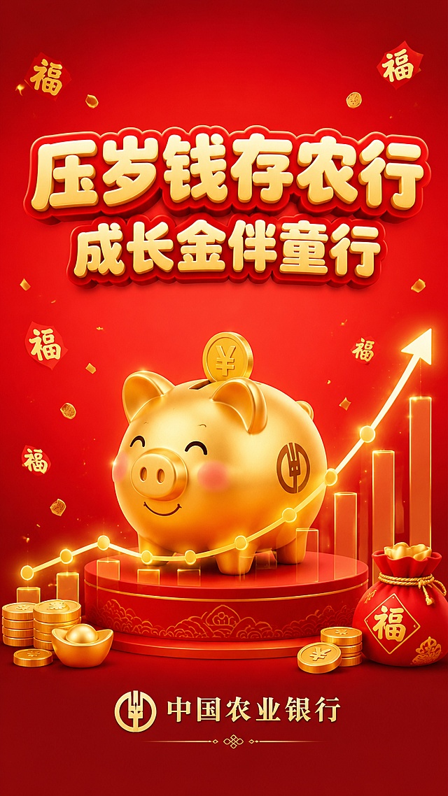 中国农业银行新年压岁钱成长金活动策划案封面，新年喜庆风格，红金高级配色。背景是渐变正红色到深红色，点缀金色散落的金币和金色新年福字碎片，增加喜庆氛围，整体背景简约干净不杂乱。画面中心是可爱的金色小猪储蓄罐，叠加柔和金色增长曲线，寓意财富积累成长。主标题"压岁钱存农行"在画面上半部分居中排列，副标题"成长金伴童行"在主标题下方，使用干净圆润的无衬线字体，金色字体搭配浅红色描边。底部标注品牌"中国农业银行"，整体风格喜庆温馨又专业，红色背景寓意新年，金色点缀寓意财富，搭配可爱童趣元素，适合儿童压岁钱理财活动，构图居中对称，简洁大方，细节精致，文字清晰完整，版式精美。
