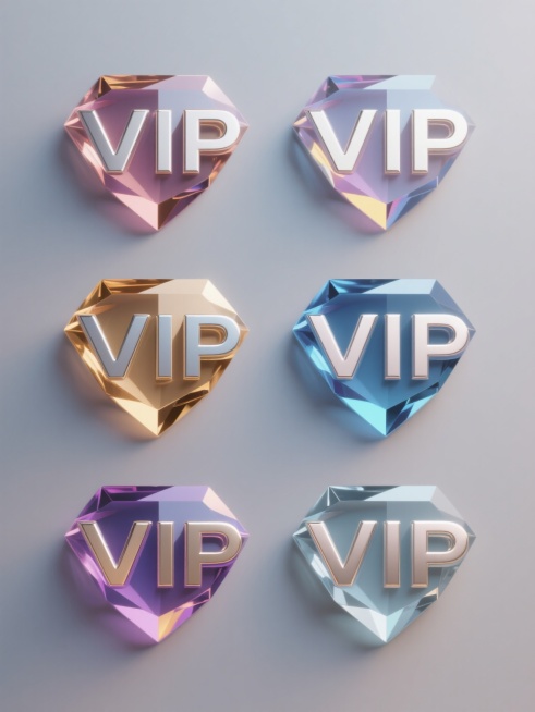 一系列6个不同配色、不同样式、不同材质的「VIP」造型图标，采用简约现代设计风格，整体呈现精致的3D立体效果，每个VIP图标具有光滑的金属质感或通透的宝石质感，带有细腻的渐变色彩和高光反射，边缘锐利清晰，规整排布于纯色背景之上，无任何文字、logo及水印，光影效果统一，光源柔和，阴影细腻，营造出高端、科技感与时尚感兼具的视觉氛围。预览效果