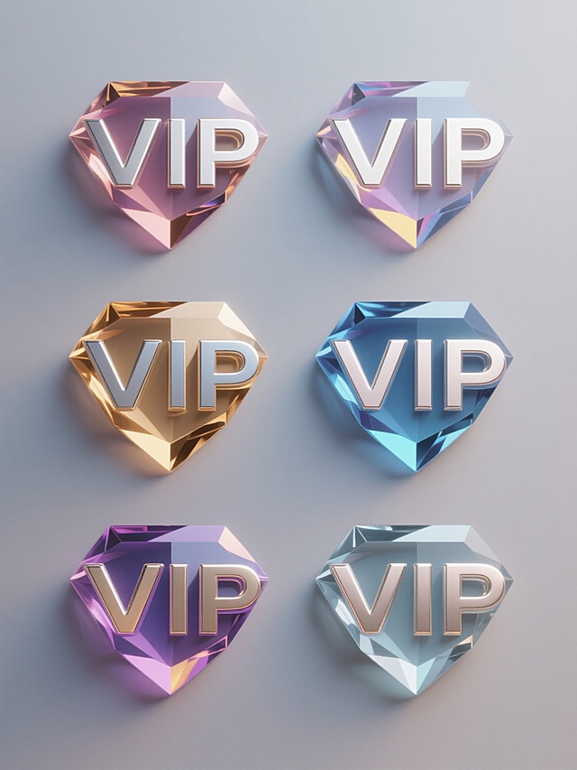 一系列6个不同配色、不同样式、不同材质的「VIP」造型图标，采用简约现代设计风格，整体呈现精致的3D立体效果，每个VIP图标具有光滑的金属质感或通透的宝石质感，带有细腻的渐变色彩和高光反射，边缘锐利清晰，规整排布于纯色背景之上，无任何文字、logo及水印，光影效果统一，光源柔和，阴影细腻，营造出高端、科技感与时尚感兼具的视觉氛围。