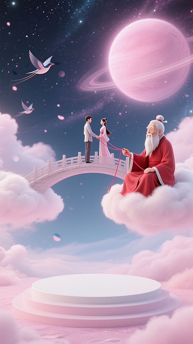 梦幻卡通风格，超现实主义设计，情侣在云端桥上相会，月老执红线，背景星球与飞鸟，营造浪漫氛围。