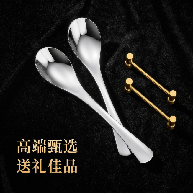 [主图5-套装展示] 在黑色丝绒布面上，两把410加厚伯爵勺交叉摆放形成优雅的X型，在勺子旁边放置一个简约的金色金属勺架作为精致点缀。顶光垂直打下，形成硬朗清晰的阴影，整体画面呈现出奢侈品般的高级陈列预览效果