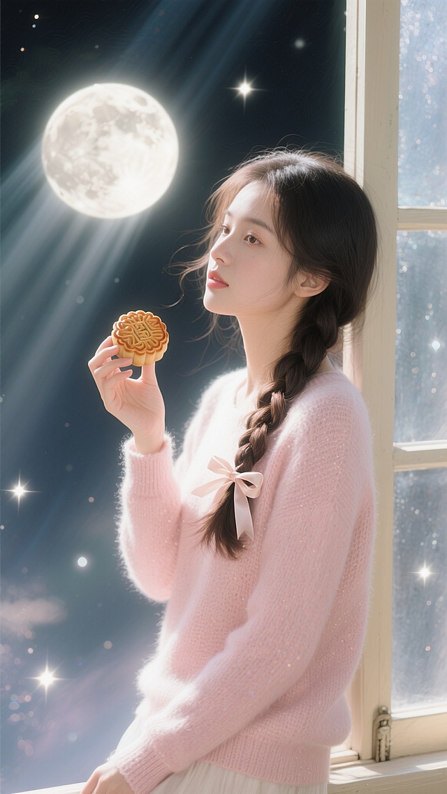梦幻甜美，柔和动漫风，少女手捧月饼，窗外明月闪烁，超现实中秋夜景。