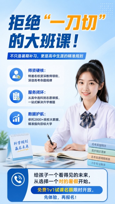 专业教育招生海报，风格为写实商业摄影，整体专业可信，清晰信息分区。
主标题文字："拒绝“一刀切”的大班课！"，字体醒目突出。
副标题文字："不只是暑期补习，更是高中生涯的精准规划"，补充说明服务价值。预览效果