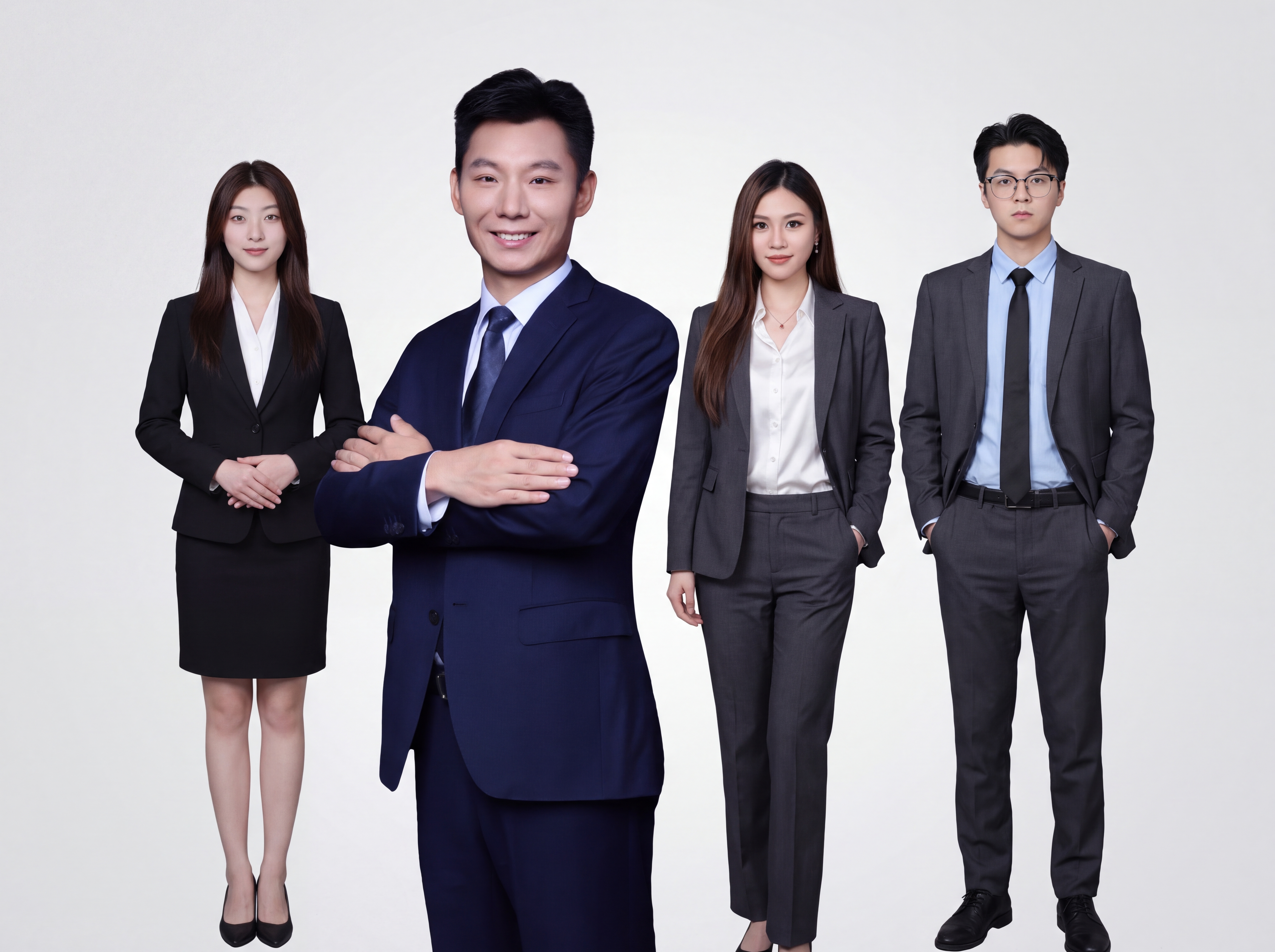 4位职场人士的团队形象合影，以第二张图的亚洲男性为核心站在C位… - 图片创意预览
