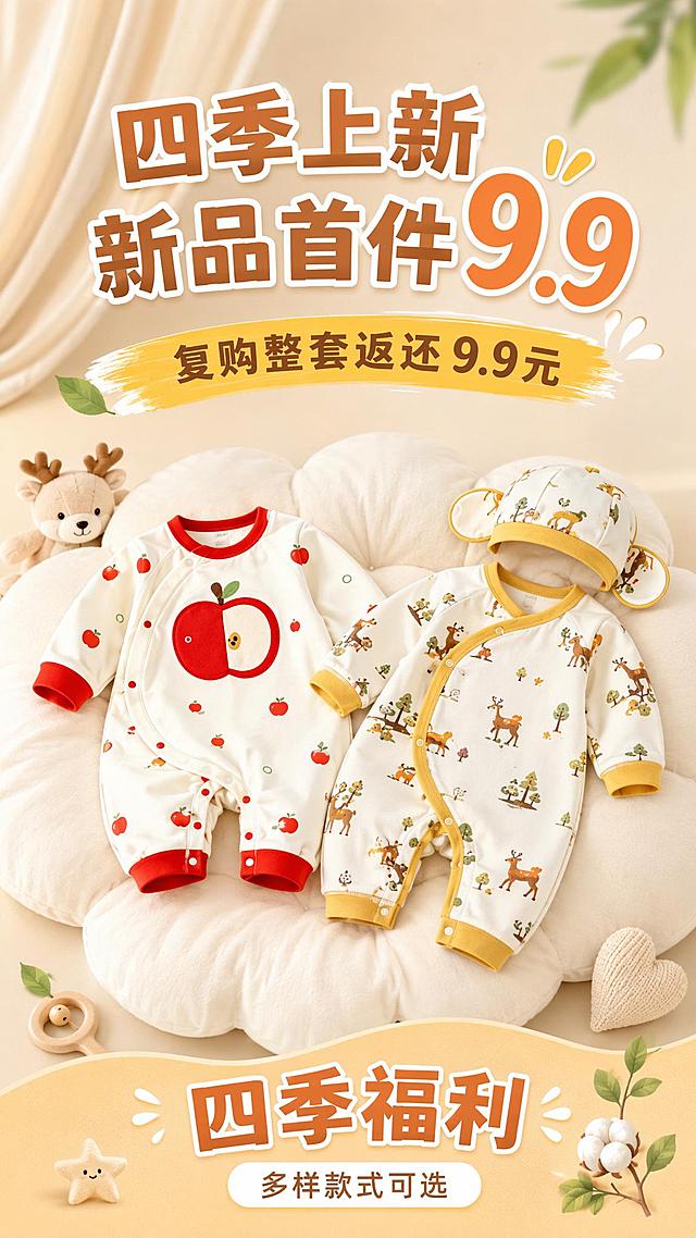 婴童服饰促销海报，9:16竖版。以第二张图的室内温馨场景为背景基调，参考第一张图的版式结构：顶部大标题+中部横幅副标题+底部波浪形促销栏。

画面主体展示两款婴童连体衣，左边是苹果图案红色包边款，右边是小鹿森林图案黄色包边款（含同款帽子），服装平铺在柔软云朵垫上，款式、图案、颜色、面料质感精致清晰。

主标题："四季上新 新品首件9.9"
副标题横幅："复购整套返还9.9元"
底部促销栏："四季福利" + "多样款式可选"
数字"9.9"、"9.9元"精确呈现

暖色调配色：米白、奶杏、暖橙，温馨柔和母婴氛围，小叶子装饰点缀，排版精美