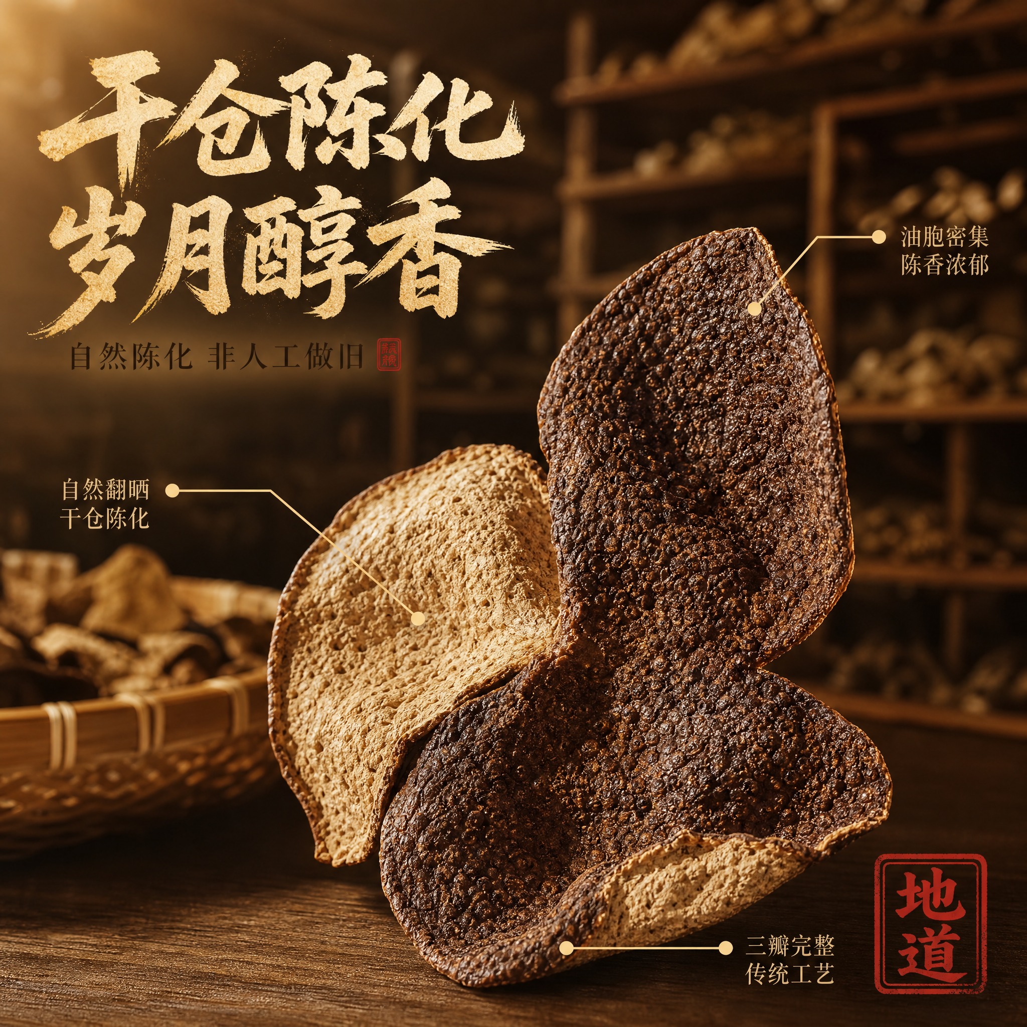 [主图-2] 新会陈皮核心亮点溯源图，核心任务是展示自然干仓陈… - 图片创意预览