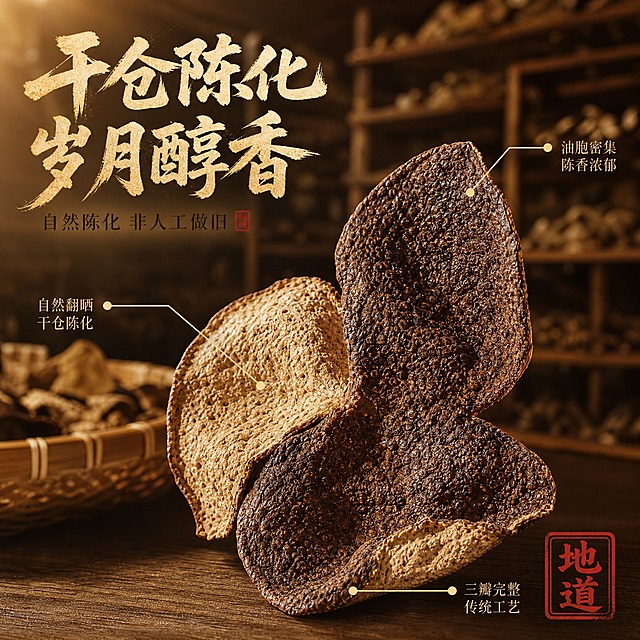 [主图-2] 新会陈皮核心亮点溯源图，核心任务是展示自然干仓陈化岁月出醇香，建立产地与工艺信任。
[统一基调] 国风品质感，暖棕木色调，自然暖阳逆光，主标题用粗笔刷书法字米白色带轻微金箔质感，辅助文案用细宋体深棕色，强调字用朱红印章样式，整体传递陈香、地道、可信赖的养生食材氛围。
[画面] 画面主体为一瓣完整新会陈皮的45度特写，外皮深褐粗糙布满密集油胞点，内囊浅棕蓬松呈海绵状，用极细金色引线从陈皮不同部位引出标注：上方引线指向外皮标注"油胞密集 陈香浓郁"，左侧引线指向内囊标注"自然翻晒 干仓陈化"，下方引线指向瓣边标注"三瓣完整 传统工艺"。背景为虚化的老式干仓木架与竹编簸箕，隐约可见晾晒的陈皮，营造岁月陈化氛围。陈皮占画面约55%，居中偏右。
[光影质感] 左侧暖光侧逆光，突出陈皮表面凹凸纹理与油胞颗粒感，内囊蓬松纤维质感清晰，阴影柔和有层次，商业微距摄影质感。
[配色] 背景暖棕渐变，陈皮深褐与浅棕对比，金色引线，米白标题字，朱红强调章，整体暖调厚重。
[文字版式] 左上角主标题"干仓陈化 岁月醇香"粗笔刷书法体米白色，标题下方小字"自然陈化 非人工做旧"细宋体深棕色，右下角朱红方印章写"地道"。引线文字为小号细宋体深棕色，配小圆点端点。
[输出要求] 1:1正方形，2048x2048，文字清晰，引线标注准确指向陈皮真实部位，产品纹理清晰。禁止变形、错字、模糊、引线乱指、水印、平台Logo。