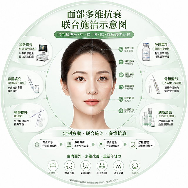 面部多维抗衰联合施治示意图，综合解决松空垮凹暗糙衰老问题，定制方案，医疗医美插画，绿色浅色调，圆形构图