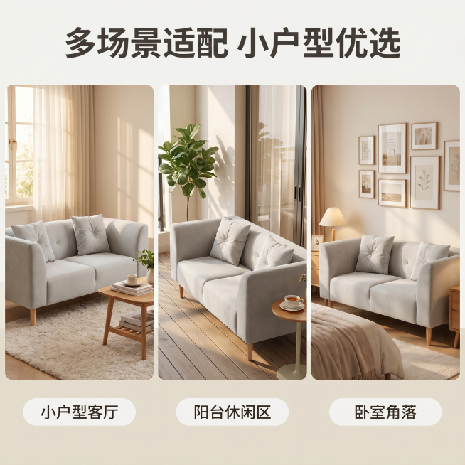 [主图 4] 单人绒布沙发多场景适配展示。
[氛围风格] 温馨舒适家居治愈风，整体风格、光影基调与主图1保持完全统一；
[画质] 商业摄影质感、光线柔和通透、产品清晰真实、画面干净高级。
[元素] 三预览效果