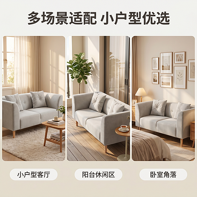 [主图 4] 单人绒布沙发多场景适配展示。
[氛围风格] 温馨舒适家居治愈风，整体风格、光影基调与主图1保持完全统一；
[画质] 商业摄影质感、光线柔和通透、产品清晰真实、画面干净高级。
[元素] 三宫格拼图展示，展示同一款浅灰色单人绒布沙发在三种不同家居空间的适配效果，左宫格展示放在小户型客厅，中宫格展示放在阳台休闲区，右宫格展示放在卧室角落。保持沙发外观、材质颜色与输入产品图绝对一致，每个空间背景风格自然和谐。每宫格底部标注空间名称，画面满版无边框。
[光影] 每个场景都保持柔和暖调自然光，光影方向统一协调，明暗自然。
[配色] 整体延续浅灰、暖木色、低饱和奶色调，保持整套主图配色风格统一。
[视角构图] 三宫格等比例分割，每个宫格内沙发都采用45°平视角度，完整呈现产品。
[文字版式] 每个宫格底部居中贴浅色圆角标签标注场景名称，文字清晰不遮挡沙发主体，顶部整体主标题「多场景适配 小户型优选」深灰色粗体。
[比例分辨率] 1:1 比例，2k 分辨率；文字清晰锐利，画面超高清。
[负向提示词] 变形，水印，文字错乱，产品图模糊，背景杂乱，色差