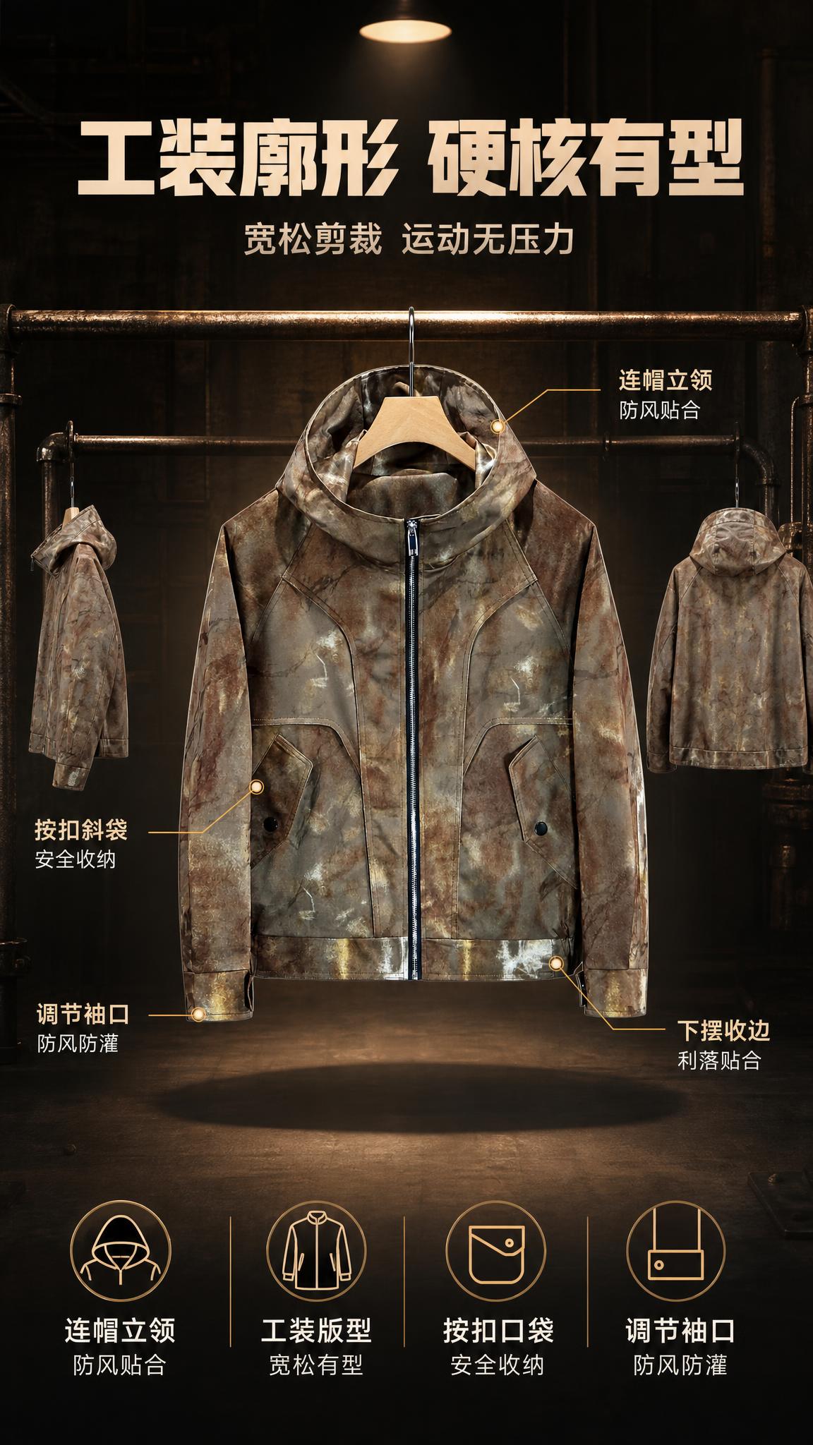 [第3张] 详情页版型解析-废土风扎染连帽冲锋夹克多角度廓形展… - 图片创意预览