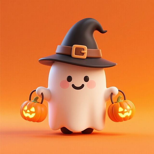软3D风格的可爱小幽灵，拟人化设计搭配巫师帽与南瓜灯，卡通感十足，节日氛围浓厚。