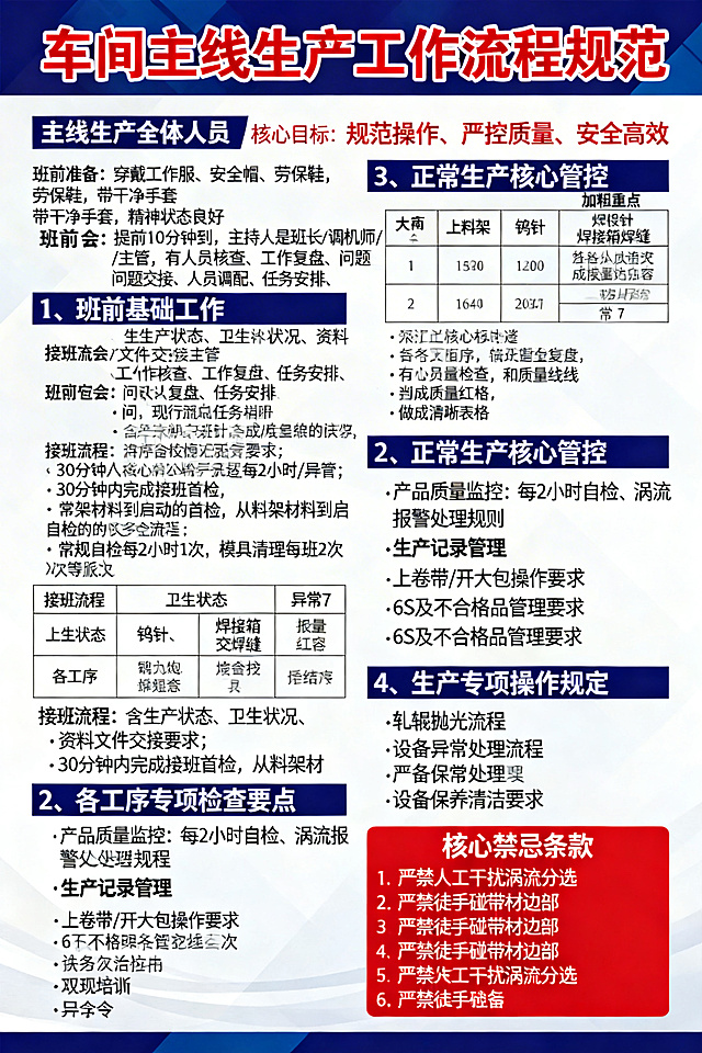 车间主线生产工作流程规范打印张贴海报，整体为工厂车间实用风格，标题醒目。内容包含：适用范围为主线生产全体人员，核心目标为规范操作、严控质量、安全高效。包含五大模块：1、班前基础工作（大字重点）：含班前准备（穿戴工作服、安全帽、劳保鞋，带干净手套，精神状态良好）、班前会（提前10分钟到，主持人是班长/调机师/主管，有人员核查、工作复盘、任务安排、问题交接、人员调配、现场培训、异常说明7项内容）、接班流程（含生产状态、卫生状况、资料文件交接要求；30分钟内完成接班首检，从料架材料到启动自检的全流程；常规自检每2小时1次、模具清理每班2次等频次要求）；2、各工序专项检查要点：上料架、钨针、焊接箱焊缝等各工序的核心检查内容和质量红线，做成清晰表格；3、正常生产核心管控（加粗重点）：产品质量监控（每2小时自检、涡流报警处理规则）、生产记录管理、上卷带/开大包操作要求、6S及不合格品管理要求；4、生产专项操作规定（大字醒目）：轧辊抛光流程、设备异常处理流程、设备保养清洁要求；5、核心禁忌条款（红底标注）：严禁人工干扰涡流分选、严禁徒手碰带材边部等6条禁令。所有文字清晰易读，排版整齐，适合车间打印张贴。