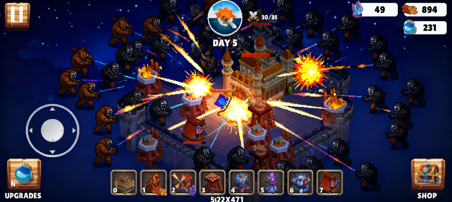 优化这张游戏截图海报，尺寸要求1052X471，场景为夜晚，很多敌人从四面八方来袭，建筑和主角都在攻击怪物，释放技能。怪物采用第二张图的角度和造型，保持原游戏卡通像素风格，增强夜晚氛围感和战斗冲击力，预览效果