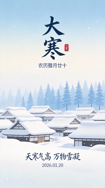 中国传统二十四节气之“大寒”主题插画，简约清新的扁平插画风格，大面积留白和渐变浅蓝色天空为背景，下方是覆盖着厚厚积雪的传统日式村落，屋顶积雪呈现柔和的弧度与层次感，远处是排列整齐、淡蓝色调的杉树林，整体色调以纯净的白、浅蓝、淡灰为主，营造宁静、清冷而又祥和的冬日氛围，画面上方中央位置是醒目大气的书法体“大寒”二字，右侧配以红色印章点缀，下方有小字标注“农历腊月廿十”，底部区域用飘逸的手写体书写……预览效果