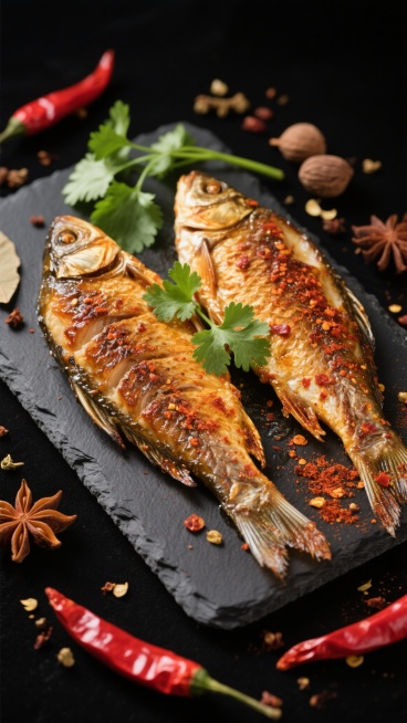 一张烤鱼的美食摄影照片，两条完整的烤鲫鱼平铺在黑色石板上，鱼身呈现出诱人的焦黄色，表面撒满细密的红色辣椒粉和香料，鱼肉纹理清晰可见，边缘微微卷起，散发着烤制后的香气。鱼的上方点缀着几片新鲜翠绿的香菜叶，石板周围散落着几根鲜红的干辣椒、八角、草果以及各种香料碎屑，黑色背景衬托出烤鱼的鲜亮色泽和食材的丰富质感，整体画面光影对比强烈，突出食物的立体感和细节，营造出浓郁的中式香辣美食氛围，构图采用俯拍……预览效果