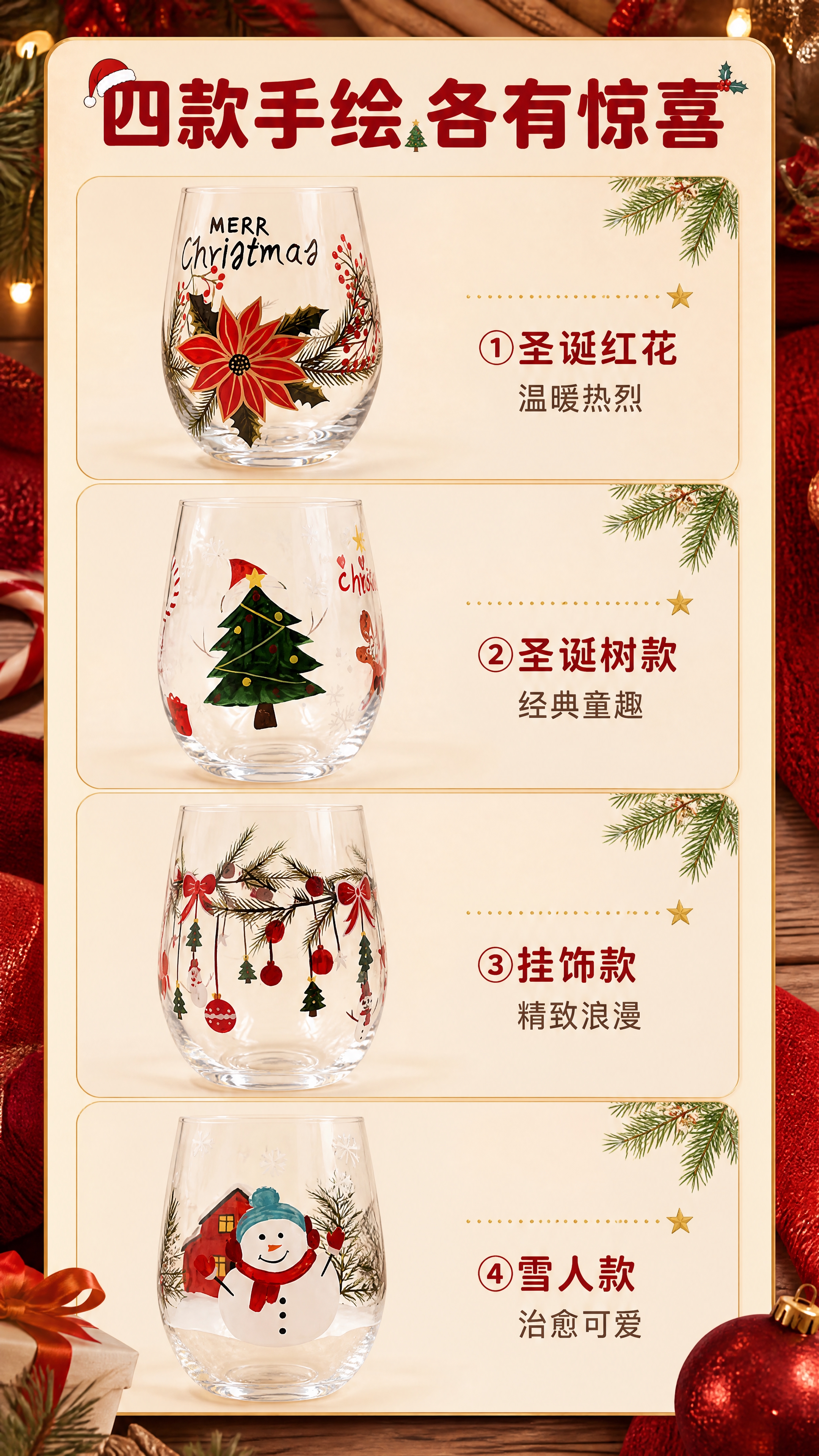[商品] 使用【图1】和【图2】四款圣诞主题手绘玻璃杯；保留每… - 图片创意预览