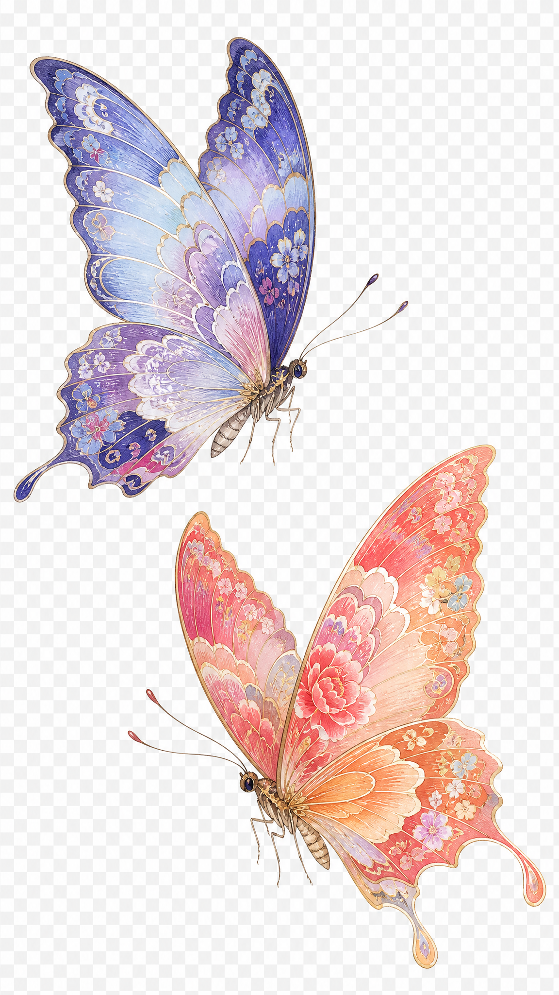 两只蝴蝶，国潮工笔插画风格，翅膀色彩丰富绚丽，带有细腻的花纹，… - 图片创意预览